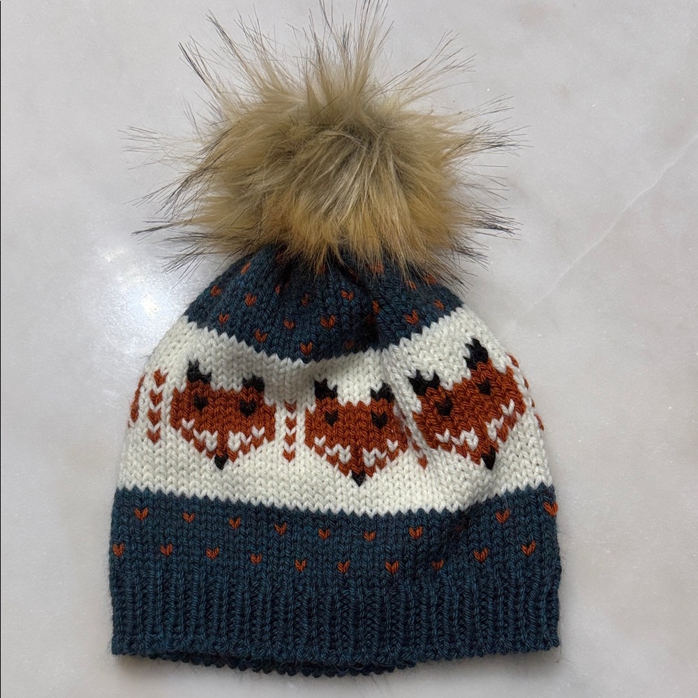 Kids' Fox Knit Beanie with Pom Pom - Teal and White handmade